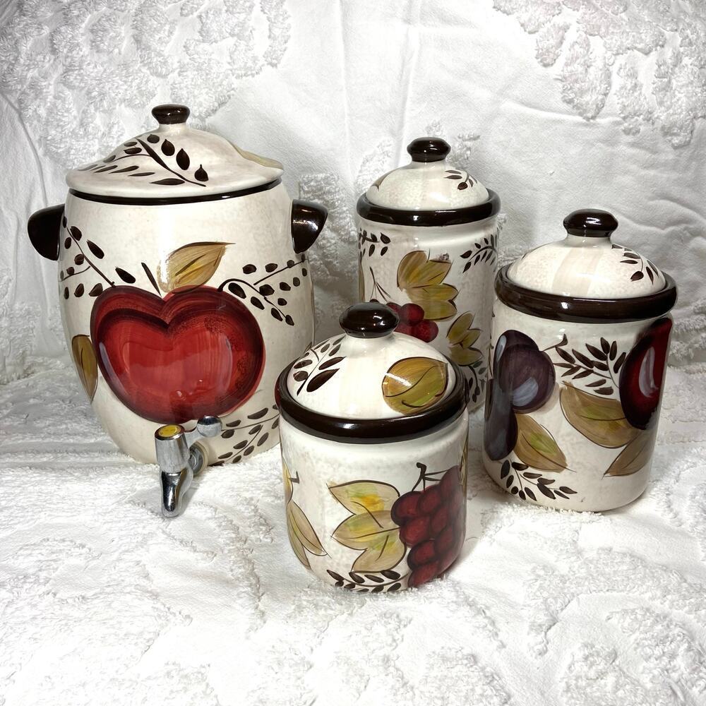TABLETOPS GALLERY BOUNTIFUL Apples & Berries Hand Painted and Crafted Canisters